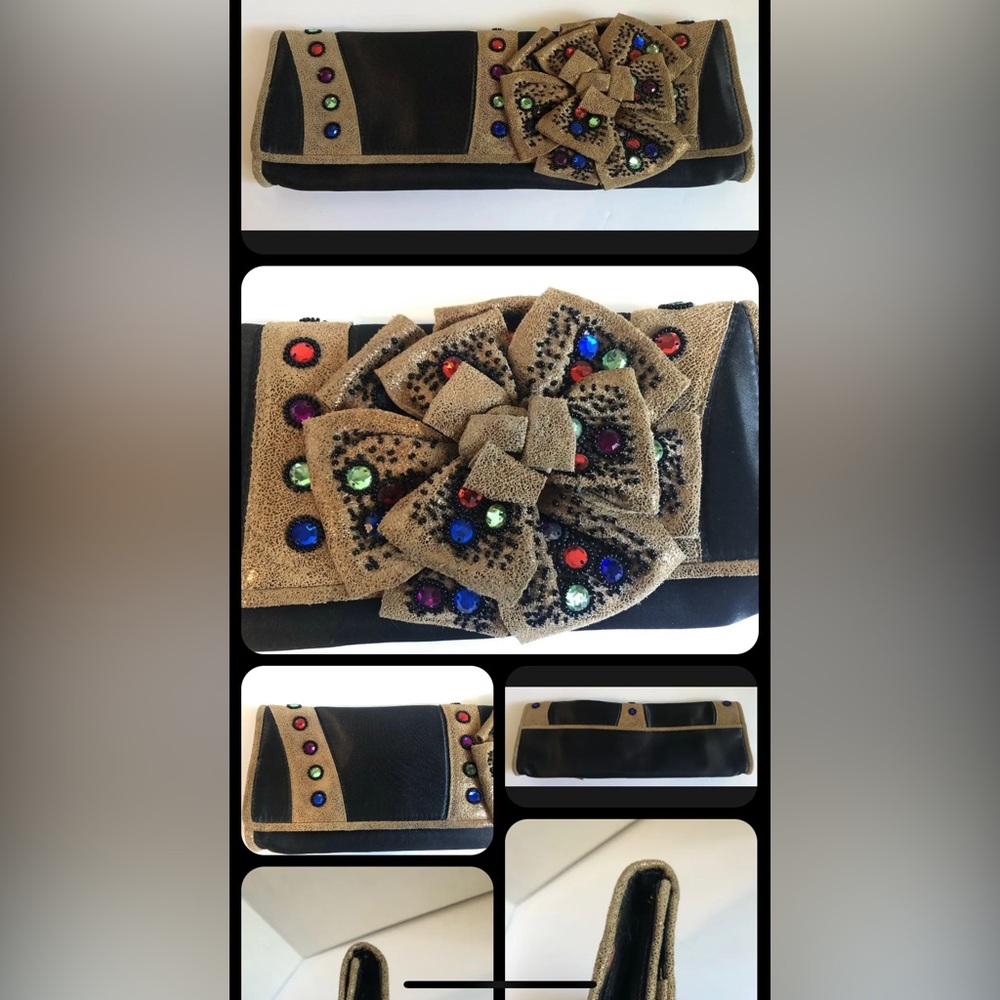 BETSEY JOHNSON Multi Color EMBELLISHMENT, Black & TAN PURSE CLUTCH w/ BOW